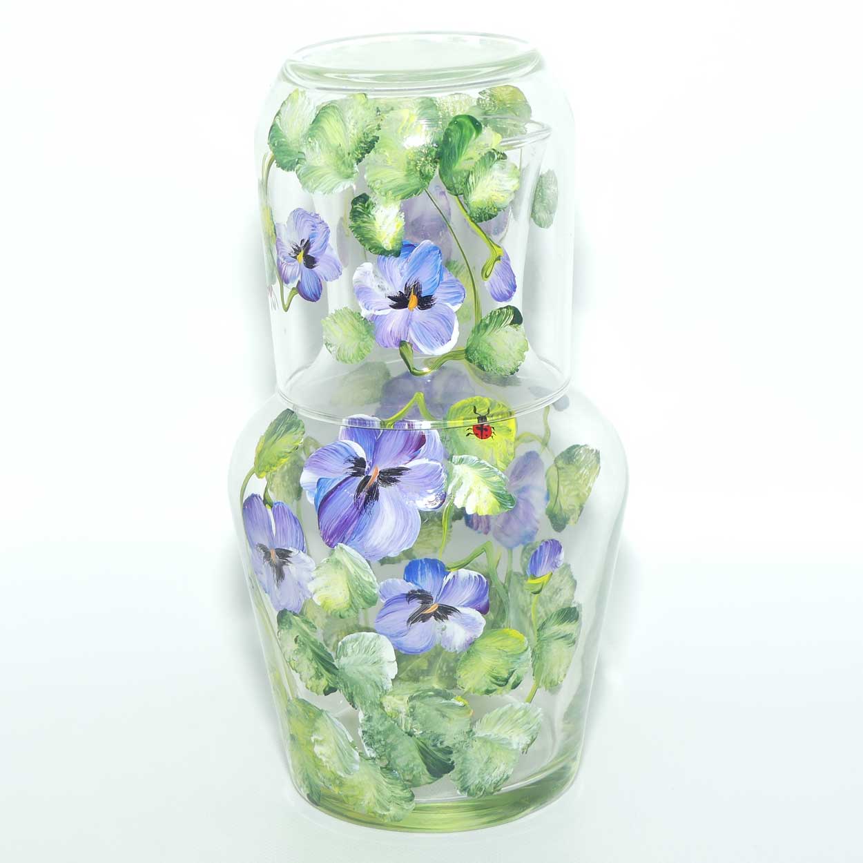 Hand Painted Pansy decoration bedside carafe and tumbler