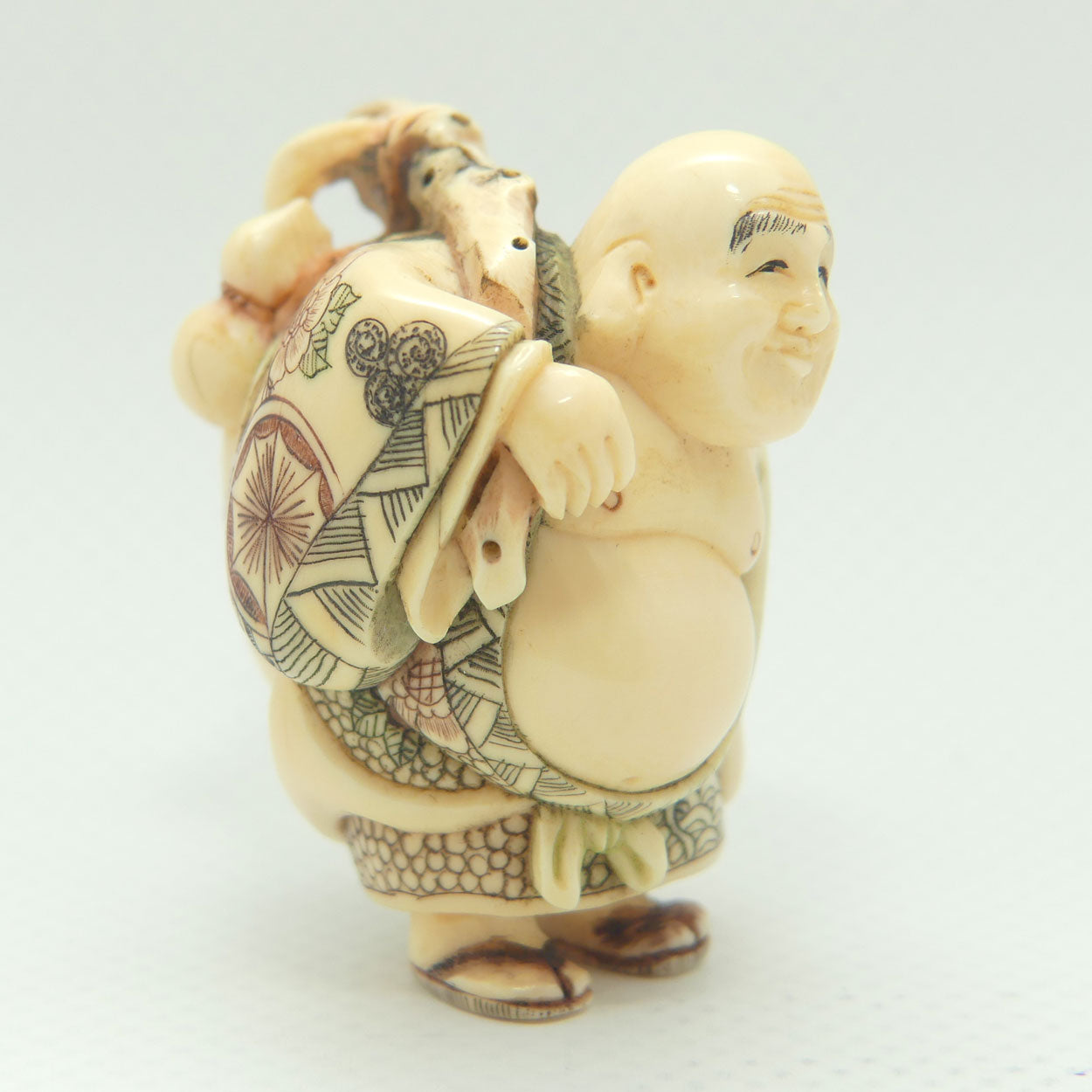 Japanese Carved Ivory Netsuke | Hotei with Sack | signed