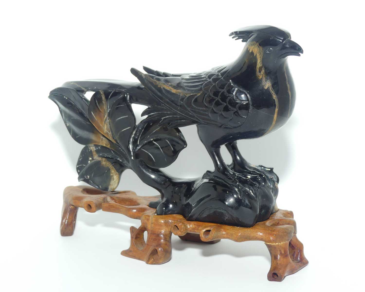 Mid 20th Century Chinese Black Jade Pheasant on wooden stand