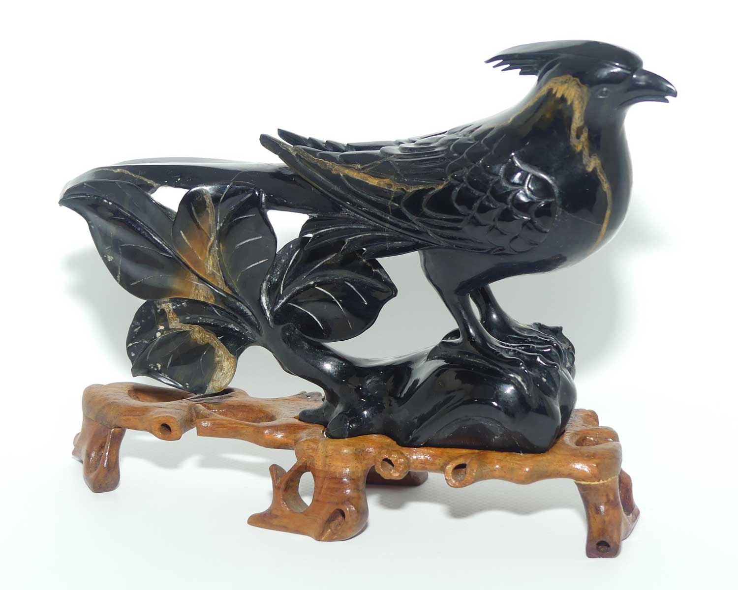 Mid 20th Century Chinese Black Jade Pheasant on wooden stand