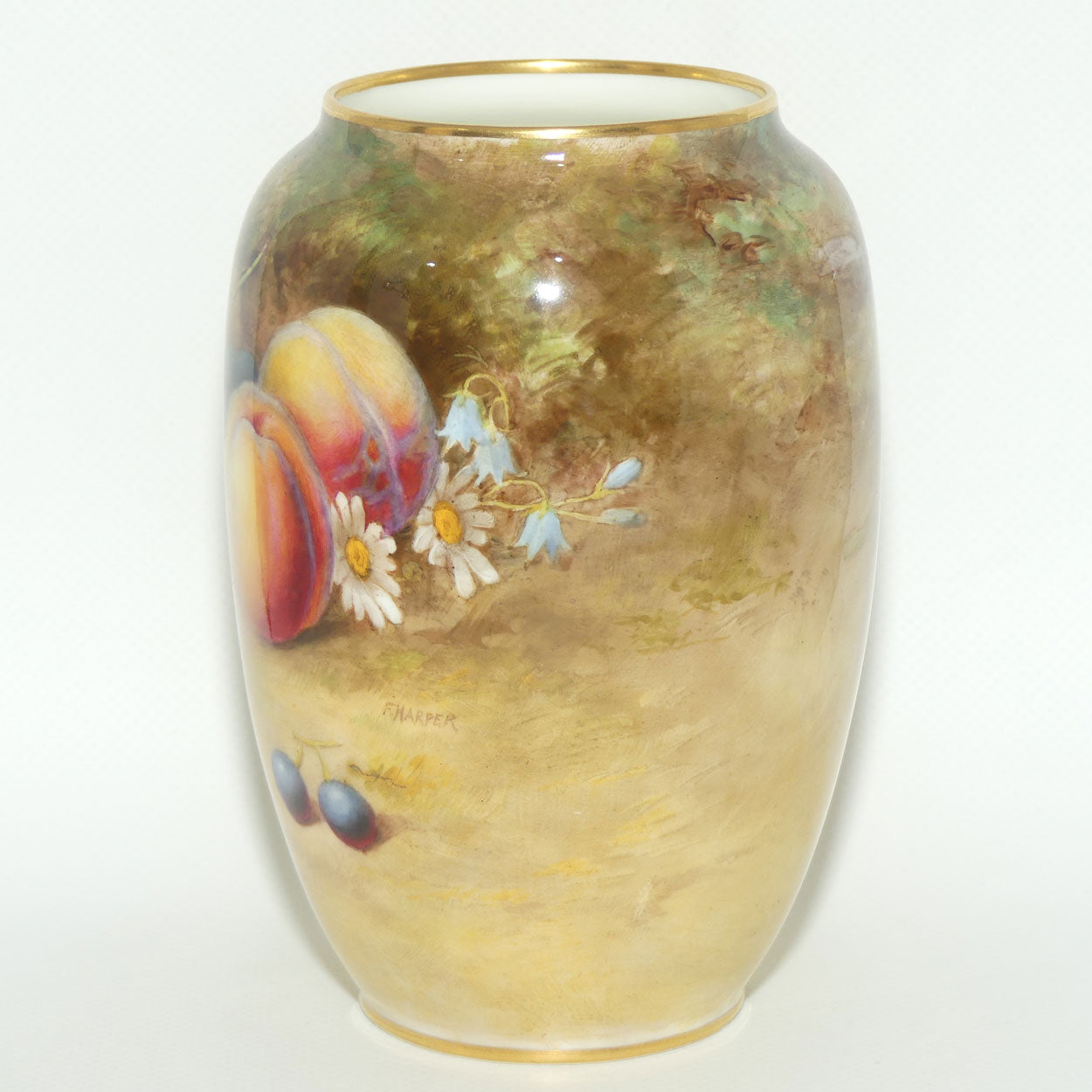 Royal Doulton hand painted and gilt fruit bulbous vase (Harper)