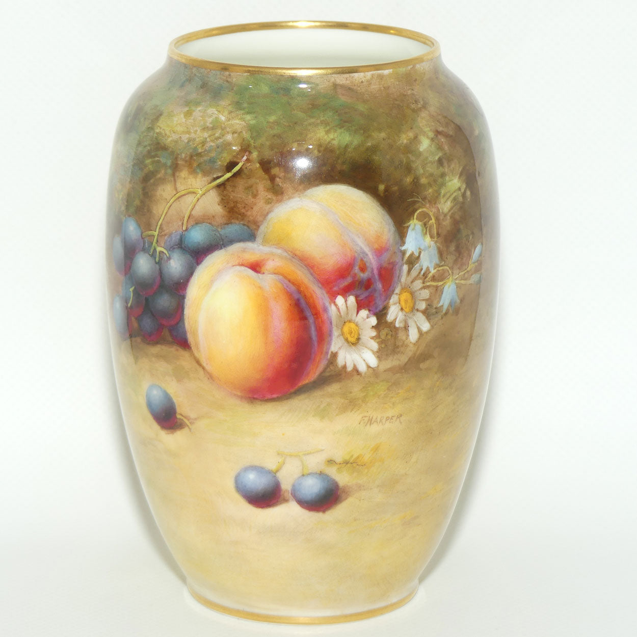 Royal Doulton hand painted and gilt fruit bulbous vase (Harper)