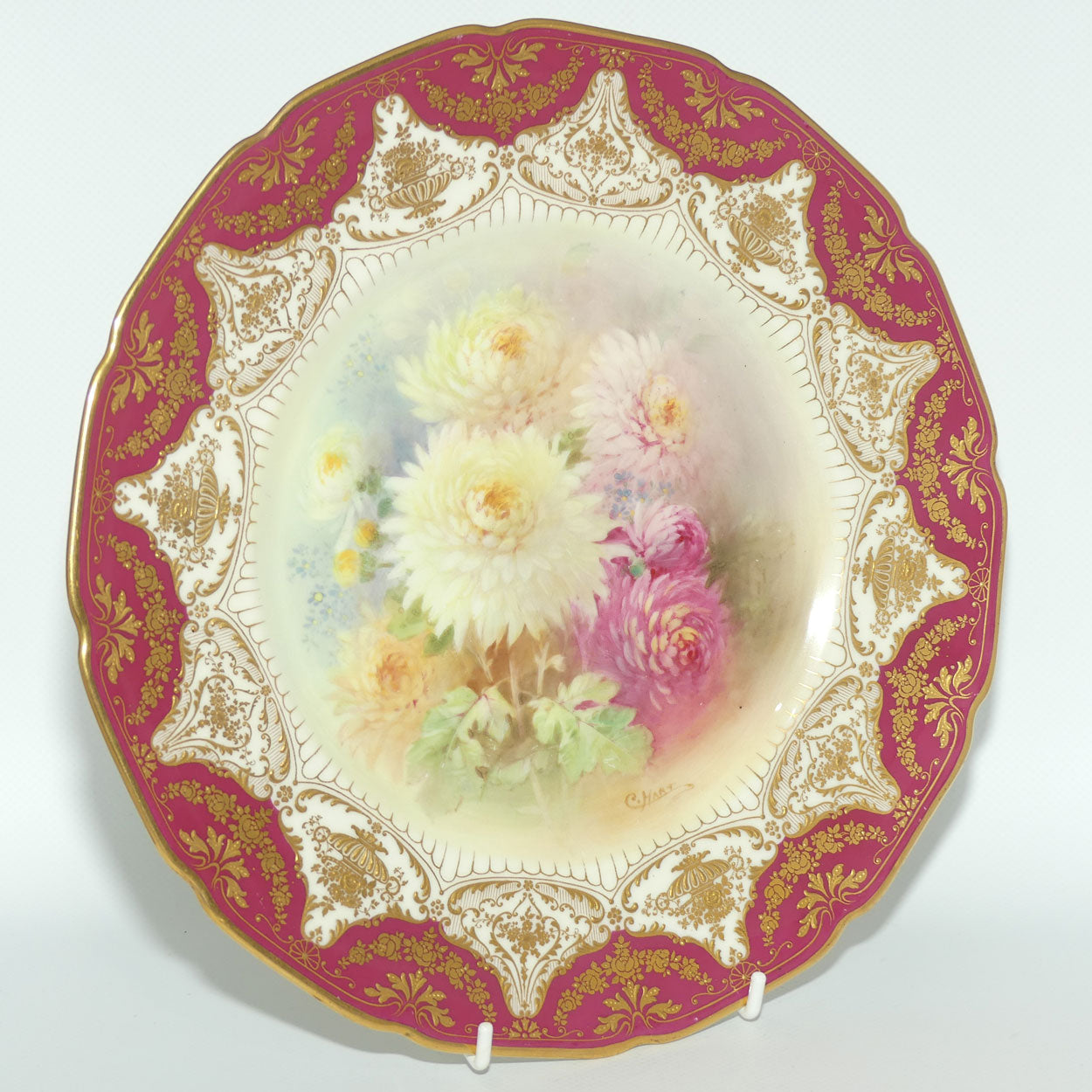 Royal Doulton plate | Hand painted by Charles Hart | Chrysanthemum| Rouge border and superb gilding