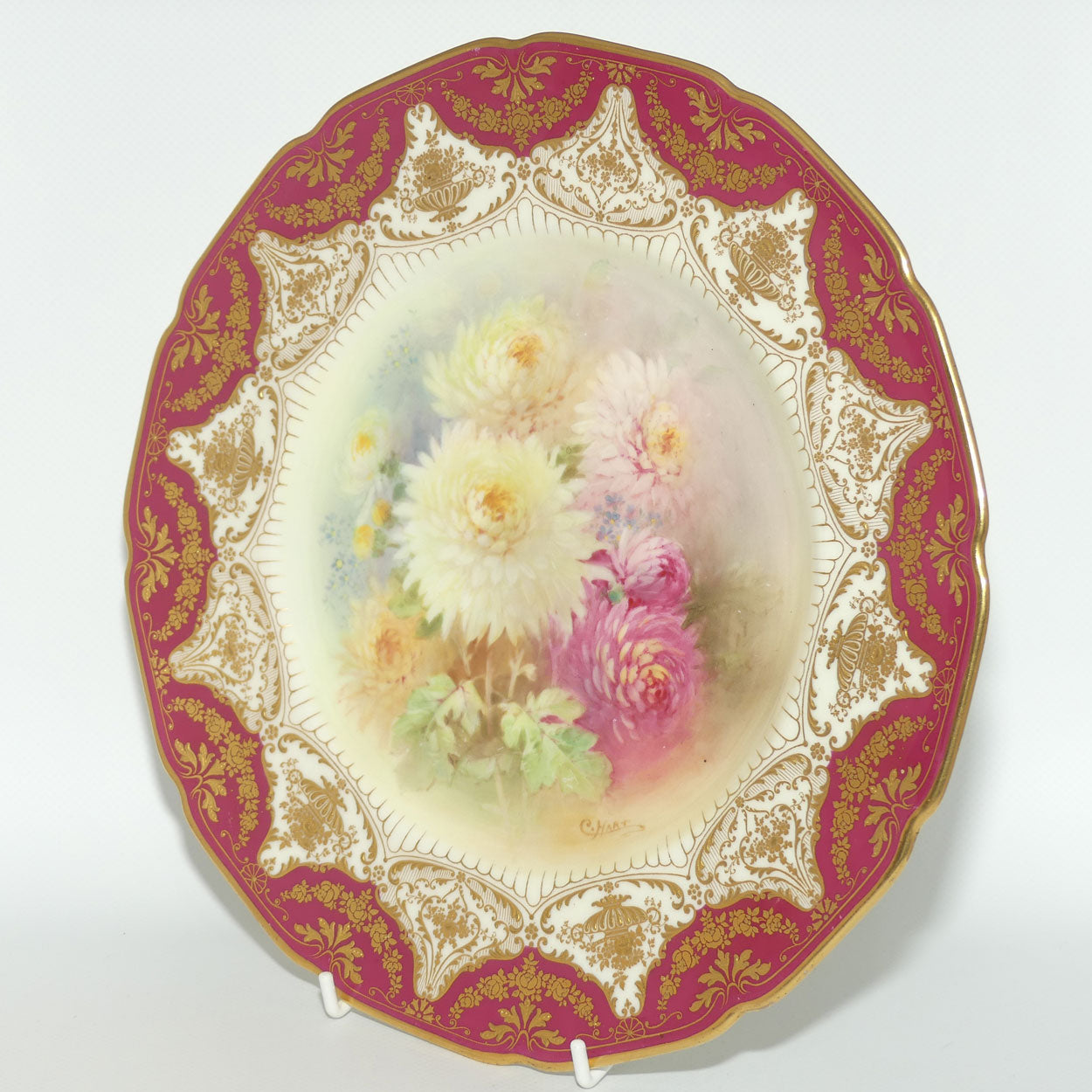 Royal Doulton plate | Hand painted by Charles Hart | Chrysanthemum| Rouge border and superb gilding