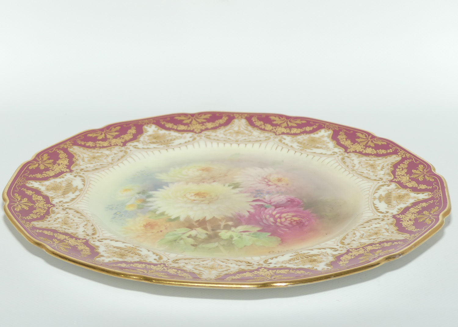 Royal Doulton plate | Hand painted by Charles Hart | Chrysanthemum| Rouge border and superb gilding