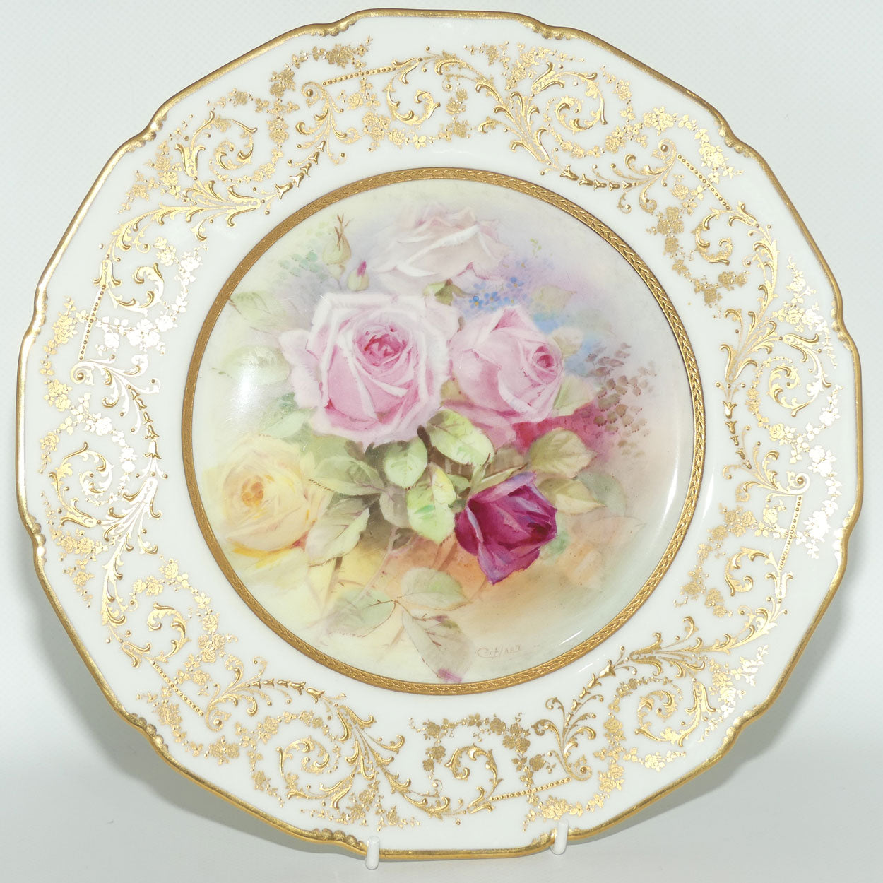 Royal Doulton plate | Hand painted by Charles Hart | Red, Yellow and Pink Roses and superb gilding