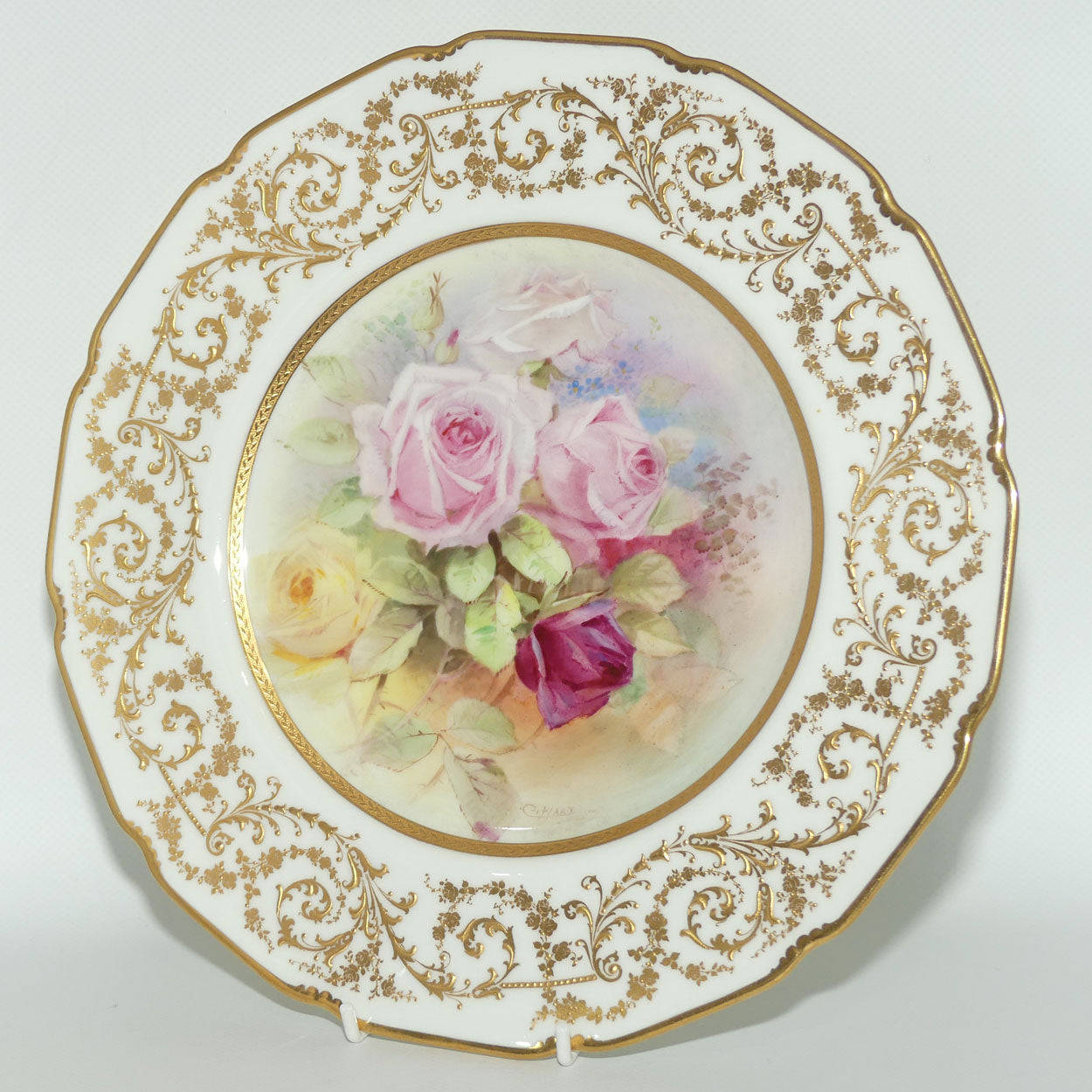 Royal Doulton plate | Hand painted by Charles Hart | Red, Yellow and Pink Roses and superb gilding
