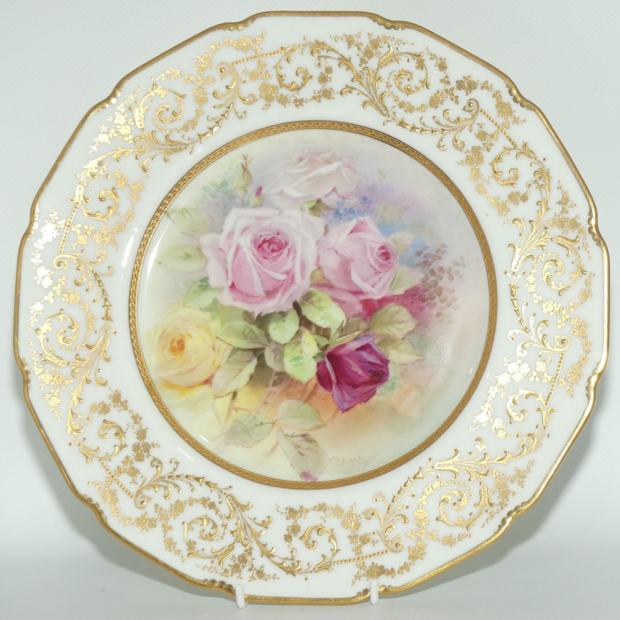 Royal Doulton plate | Hand painted by Charles Hart | Red, Yellow and Pink Roses and superb gilding