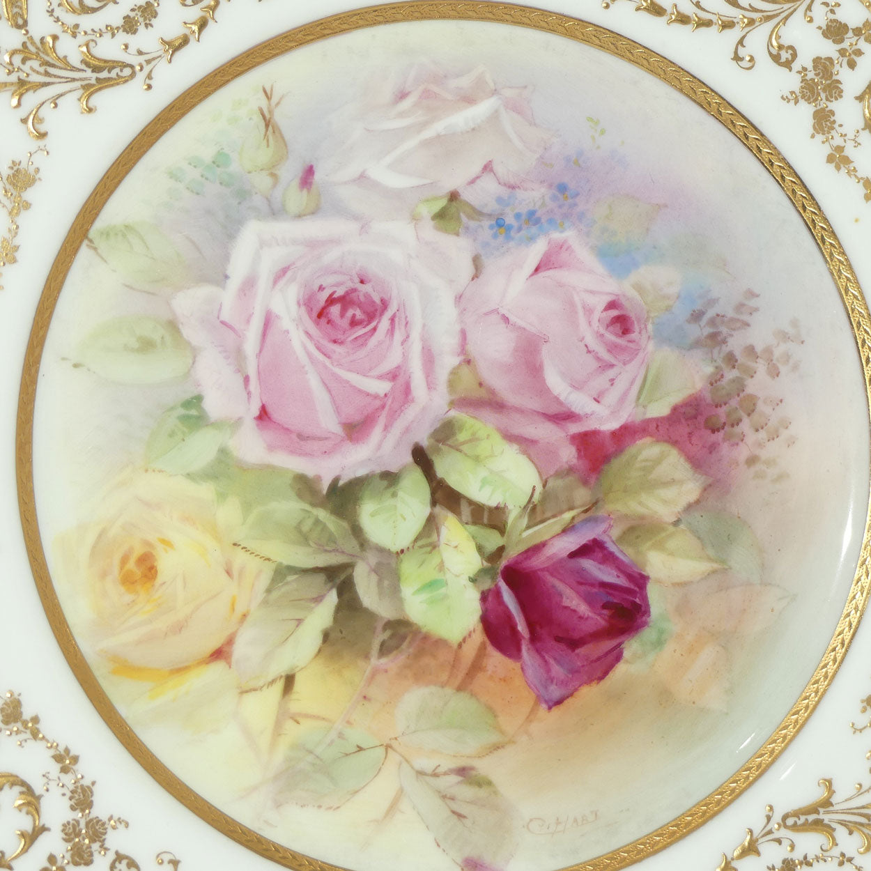 Royal Doulton plate | Hand painted by Charles Hart | Red, Yellow and Pink Roses and superb gilding