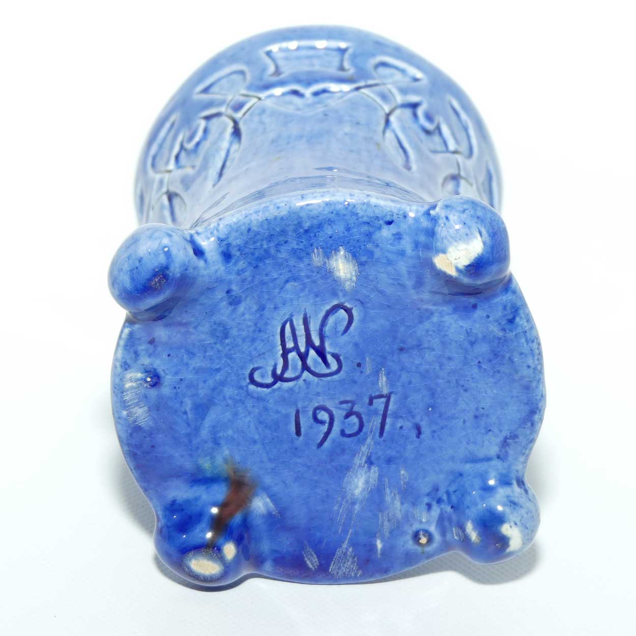 Australian Pottery | Harvey School Pottery Blue incised exercise vase signed AN 1937