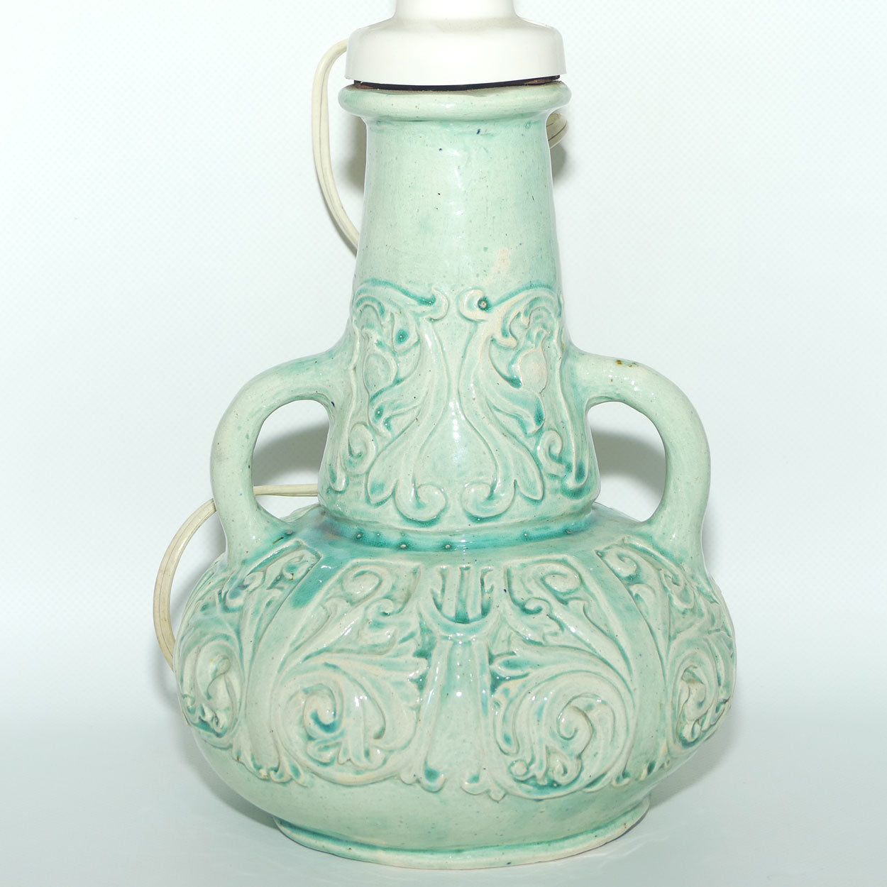 Australian Pottery | Harvey School Queensland twin handle incised decoration Celadon glaze lamp | signed Frances Witt