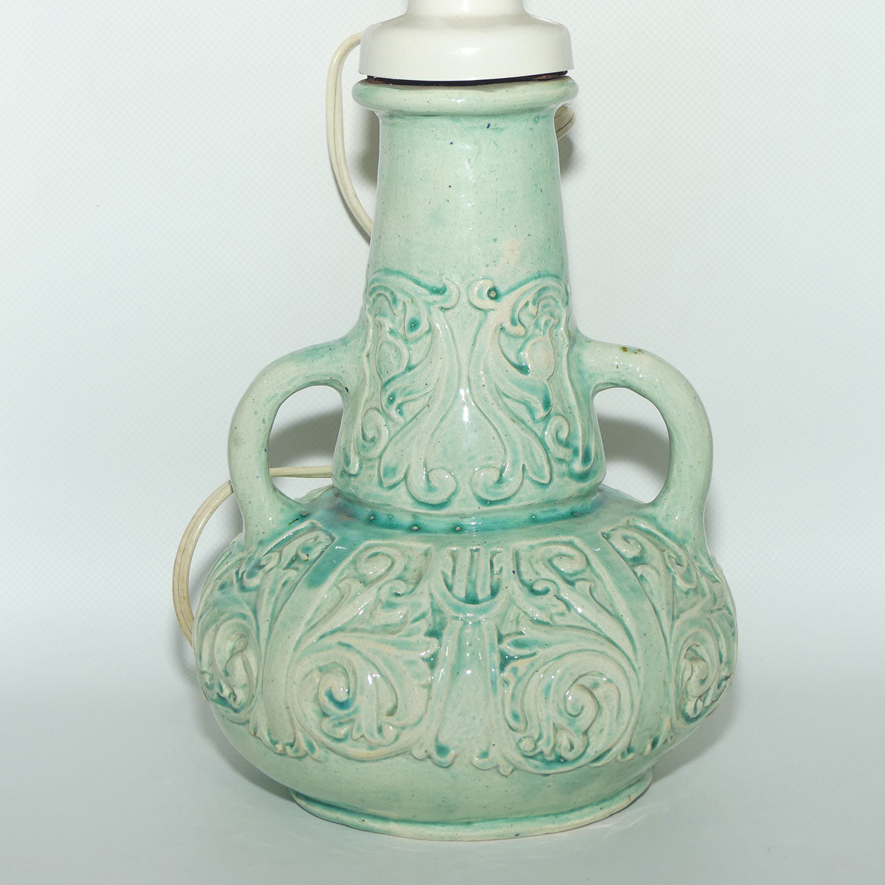 Australian Pottery | Harvey School Queensland twin handle incised decoration Celadon glaze lamp | signed Frances Witt