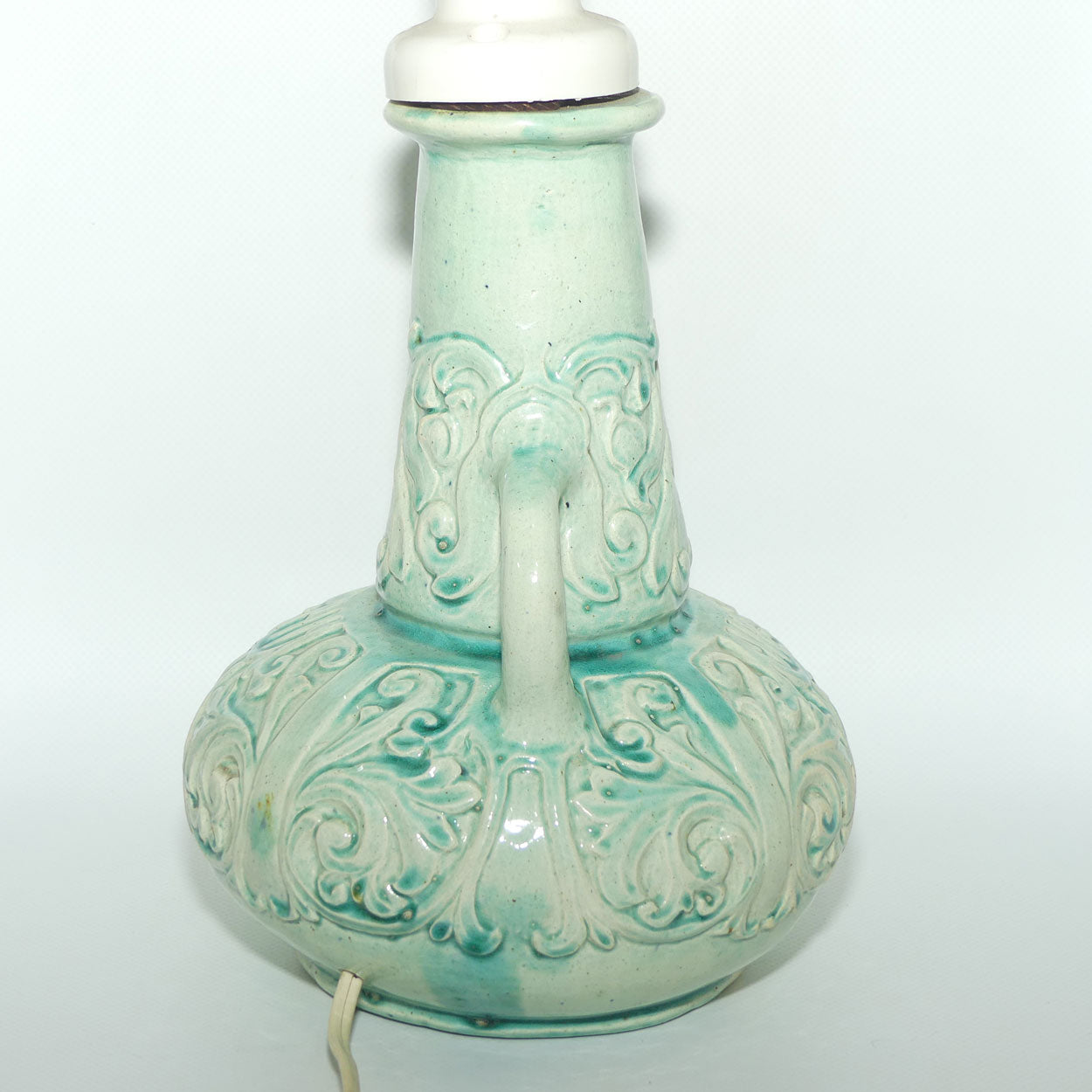Australian Pottery | Harvey School Queensland twin handle incised decoration Celadon glaze lamp | signed Frances Witt