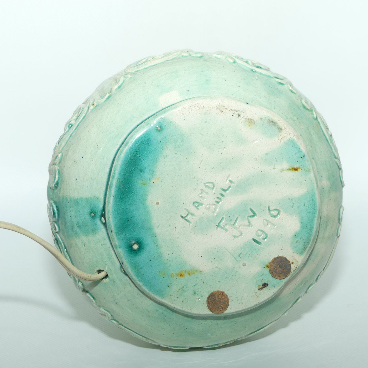 Australian Pottery | Harvey School Queensland twin handle incised decoration Celadon glaze lamp | signed Frances Witt