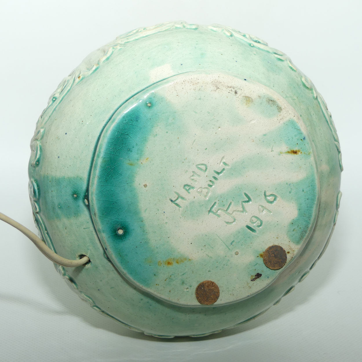 Australian Pottery | Harvey School Queensland twin handle incised decoration Celadon glaze lamp | signed Frances Witt