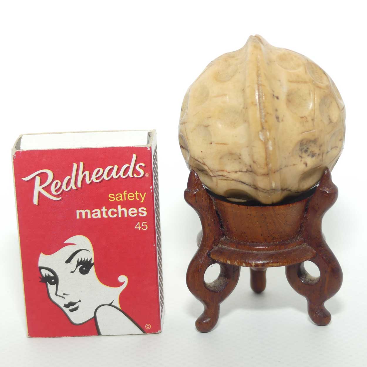 Vintage Chinese Carved Stone Walnut on wooden stand