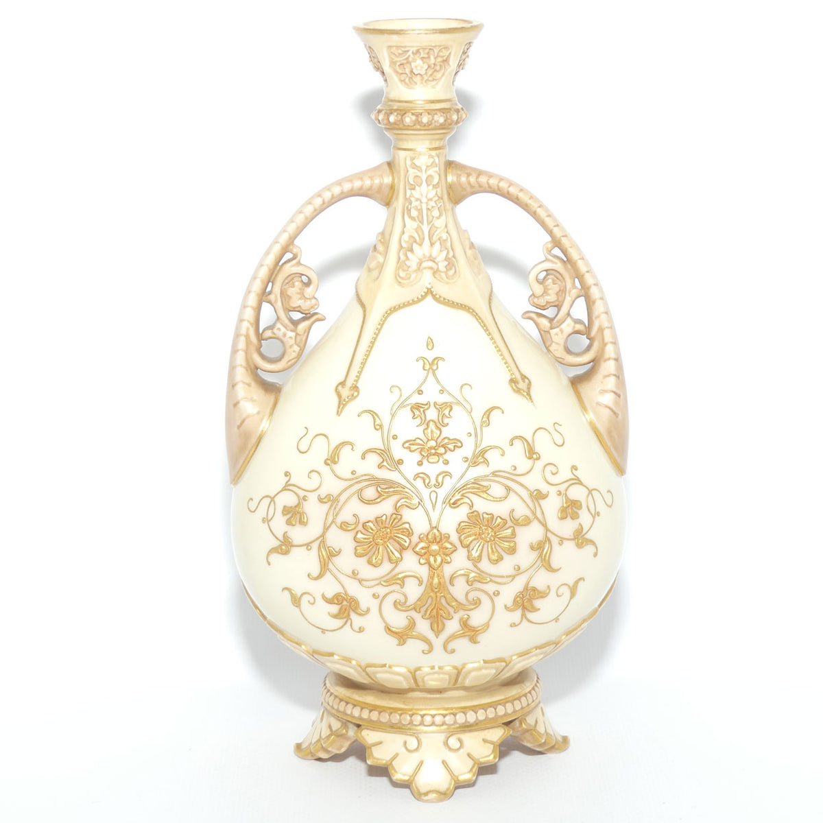 Royal Worcester Blush Ivory heavily gilt handled vase on quad feet