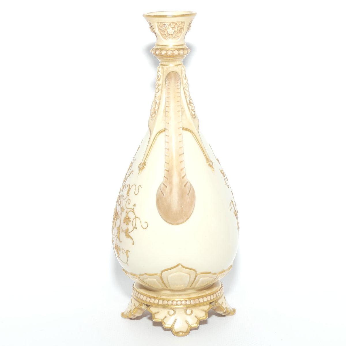 Royal Worcester Blush Ivory heavily gilt handled vase on quad feet
