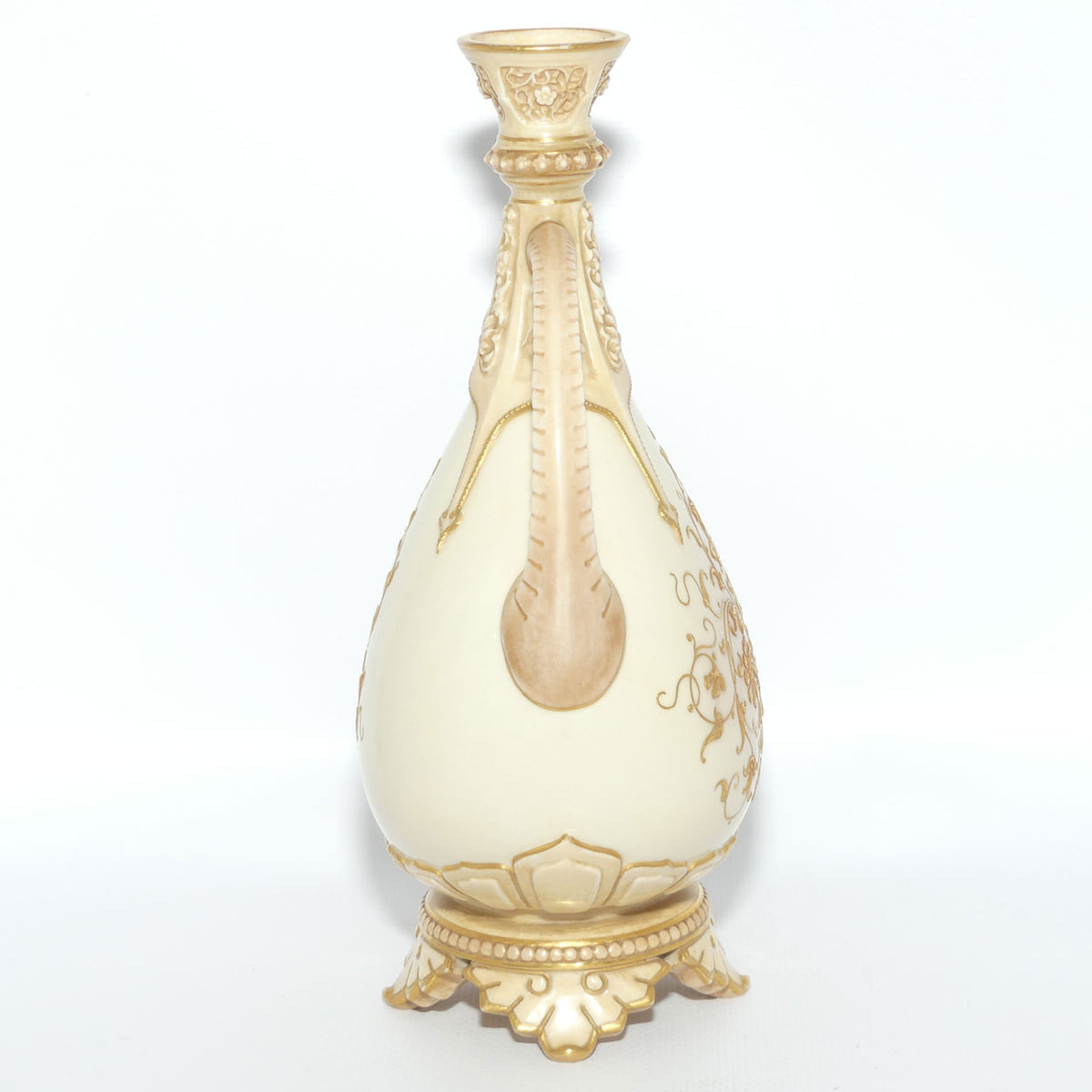 Royal Worcester Blush Ivory heavily gilt handled vase on quad feet