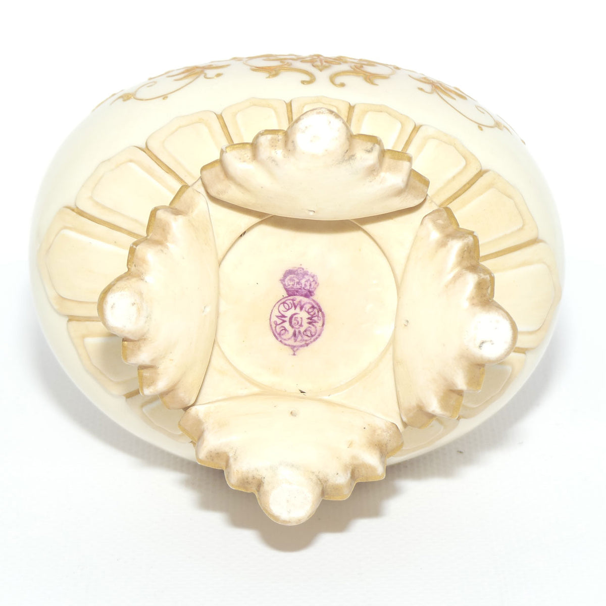 Royal Worcester Blush Ivory heavily gilt handled vase on quad feet