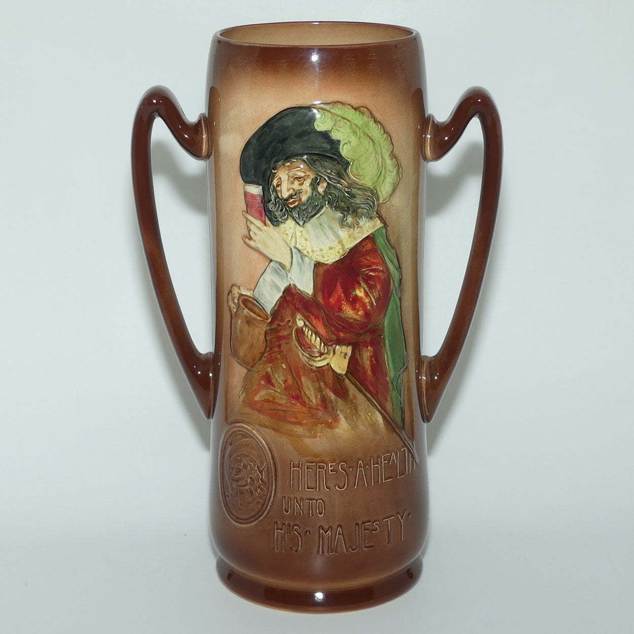 Royal Doulton Aerographed Brown Here's a Health Unto his Majesty double handled vase D5719 | #1
