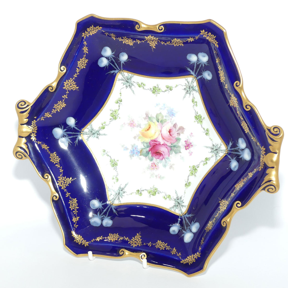 Royal Crown Derby Floral Decor and Rich Blue and Gilt hexagonal handled server | #1 | Pattern 6642 | c.1902