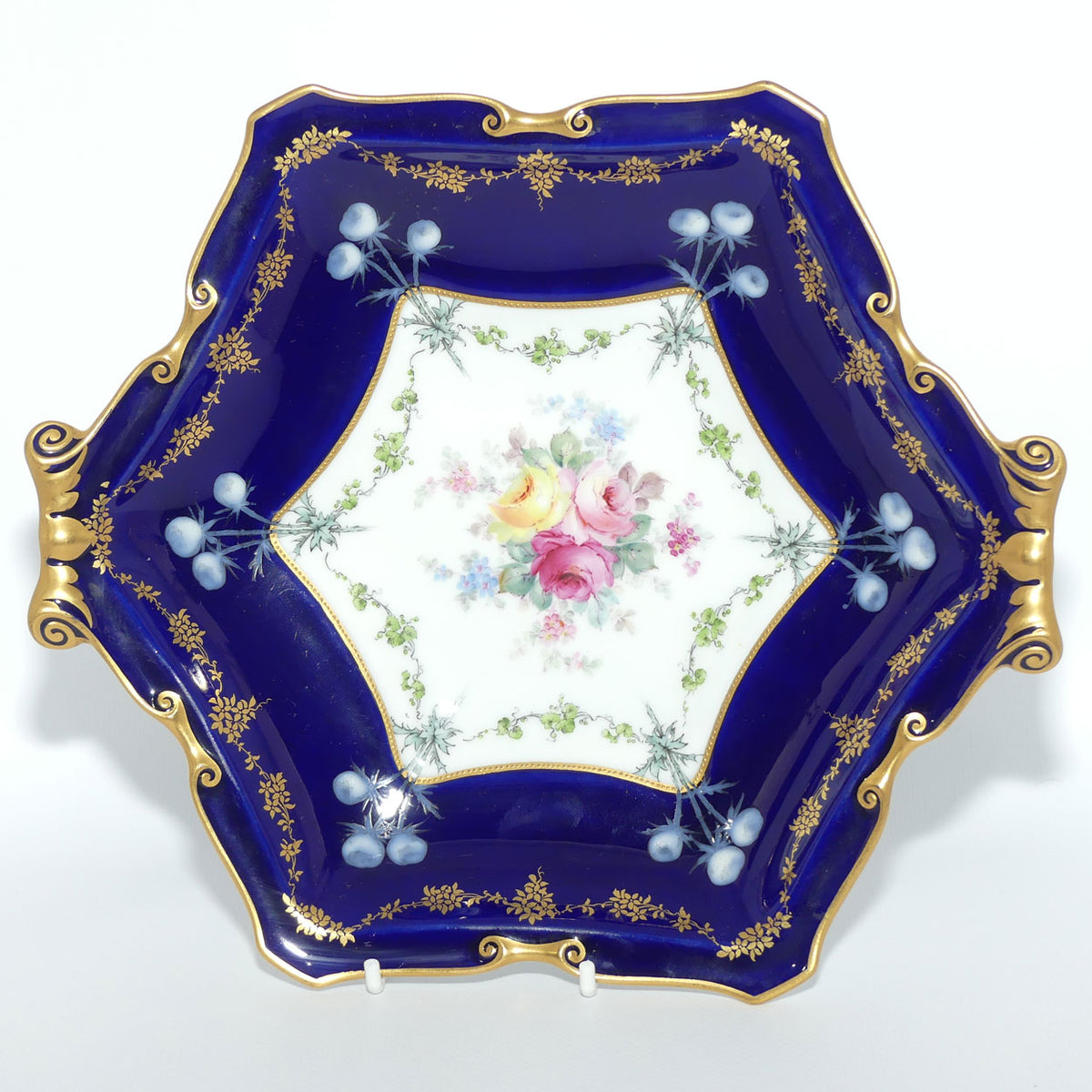 Royal Crown Derby Floral Decor and Rich Blue and Gilt hexagonal handled server | #1 | Pattern 6642 | c.1902