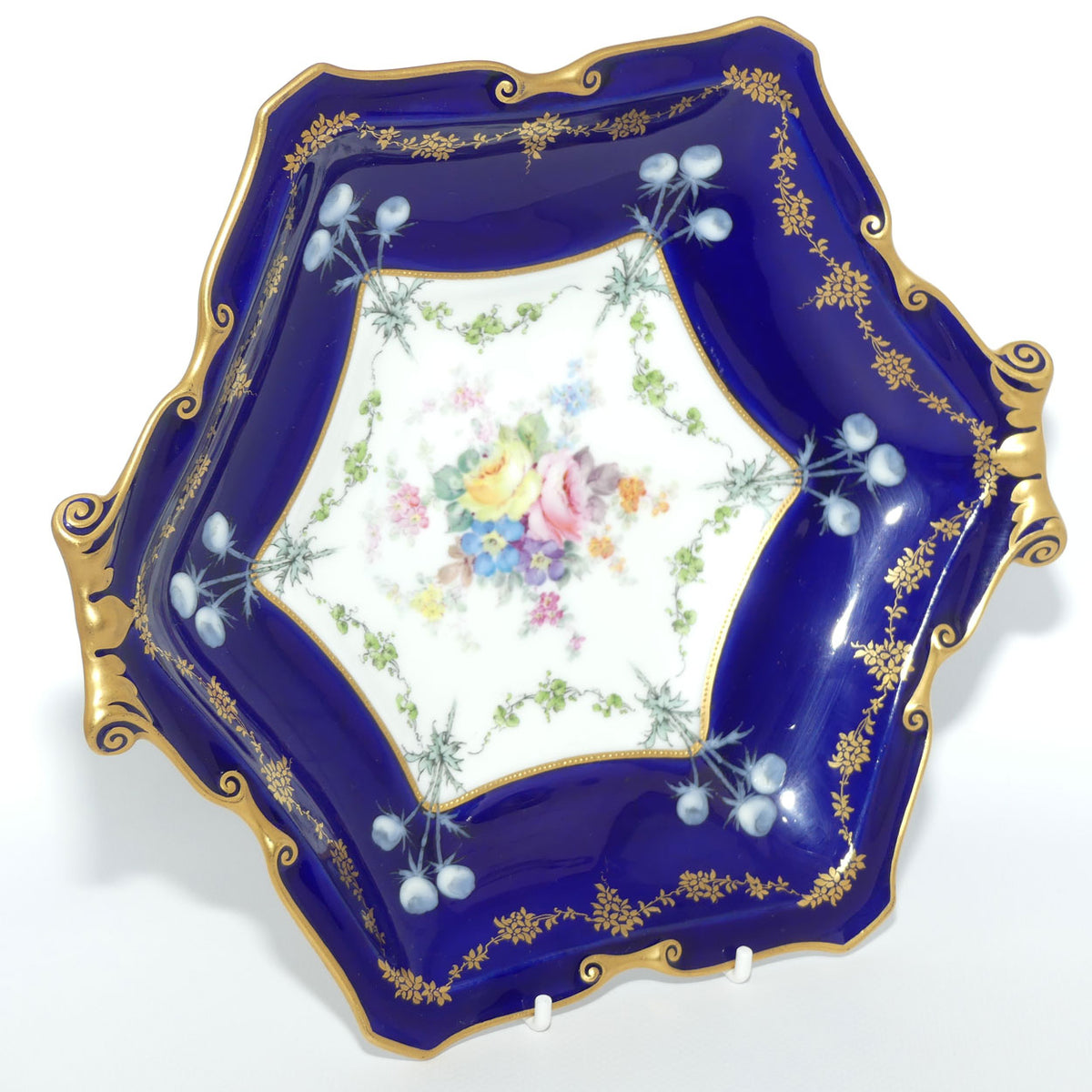 Royal Crown Derby Floral Decor and Rich Blue and Gilt hexagonal handled server | #2 | Pattern 6642 | c.1902