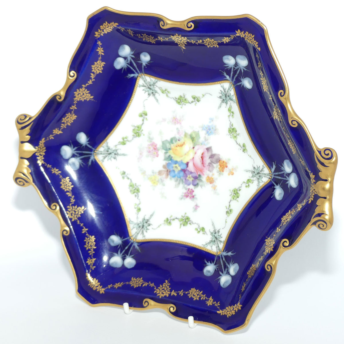 Royal Crown Derby Floral Decor and Rich Blue and Gilt hexagonal handled server | #2 | Pattern 6642 | c.1902