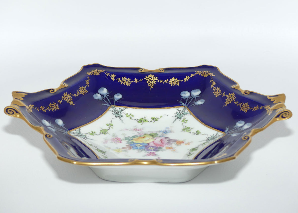 Royal Crown Derby Floral Decor and Rich Blue and Gilt hexagonal handled server | #2 | Pattern 6642 | c.1902
