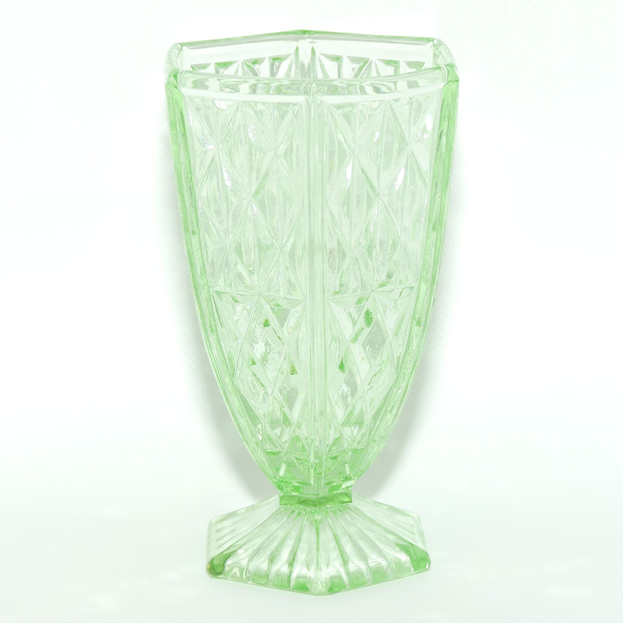 Green Depression Glass Hexagonal shape Diamond pattern vase | 15cm tall