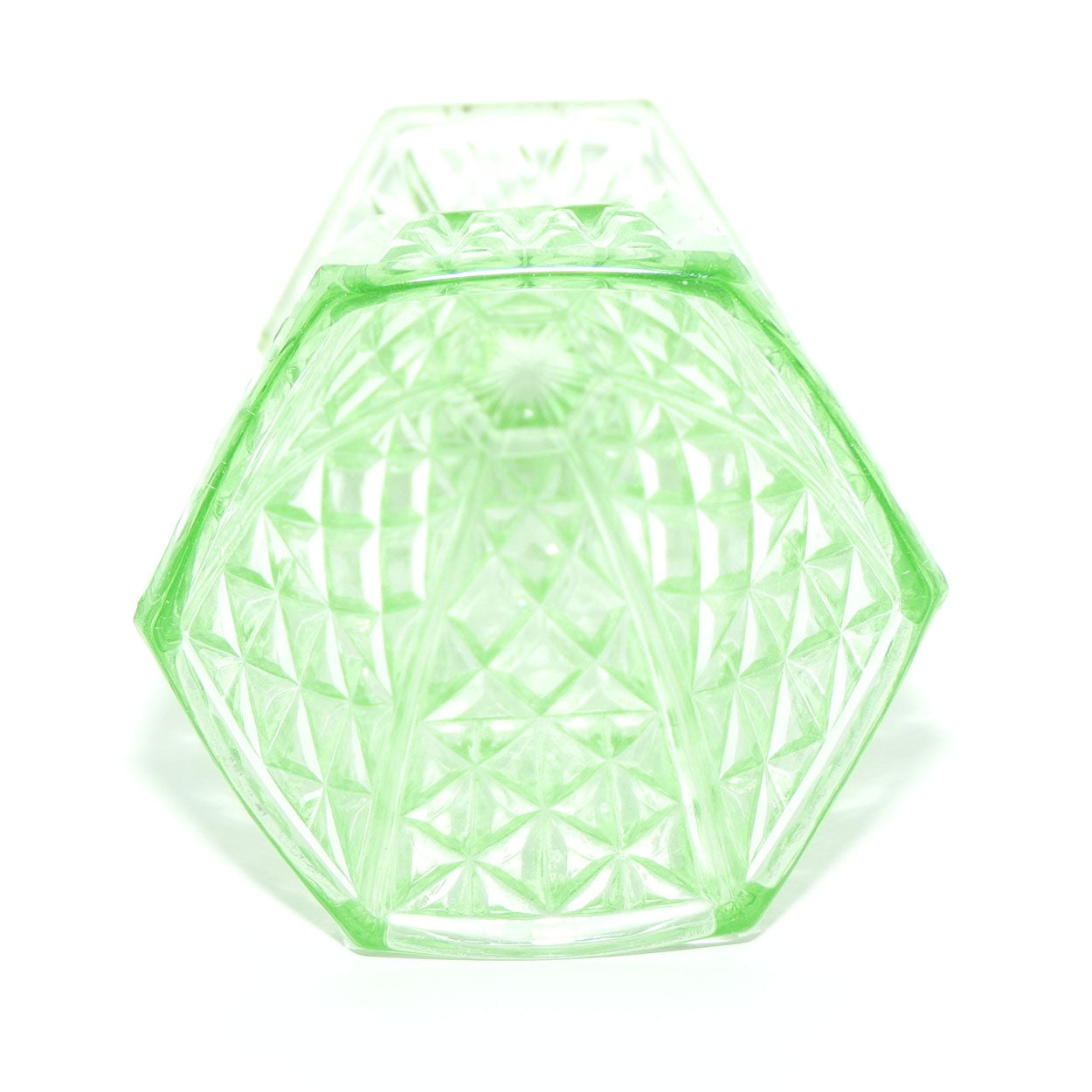 Green Depression Glass Hexagonal shape Diamond pattern vase | 15cm tall