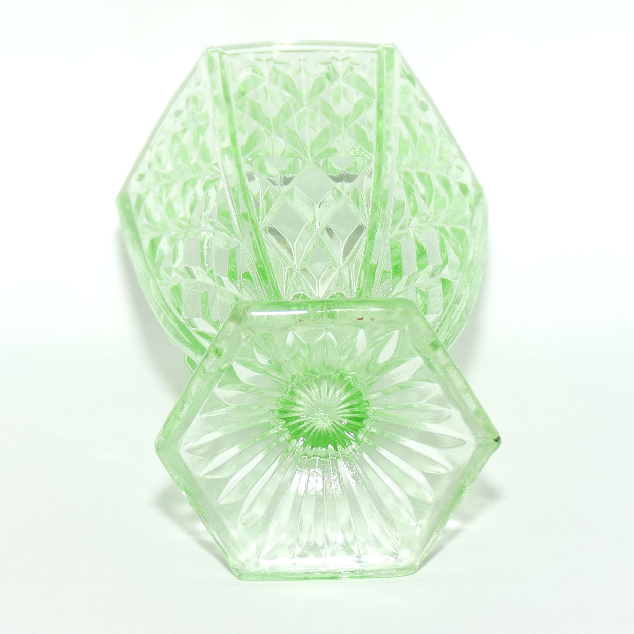 Green Depression Glass Hexagonal shape Diamond pattern vase | 15cm tall