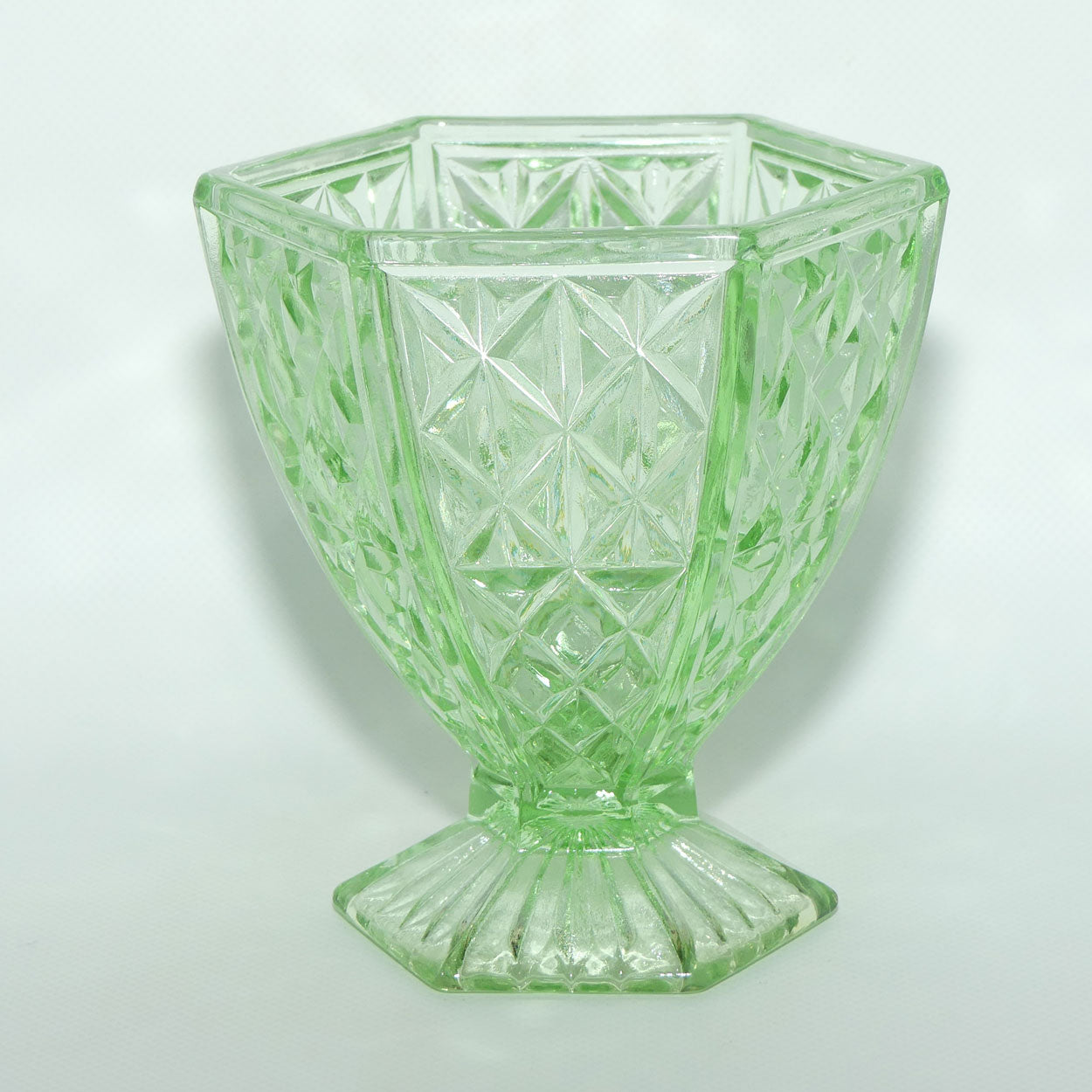 Green Depression Glass Hexagonal shape Diamond pattern vase | 14cm tall
