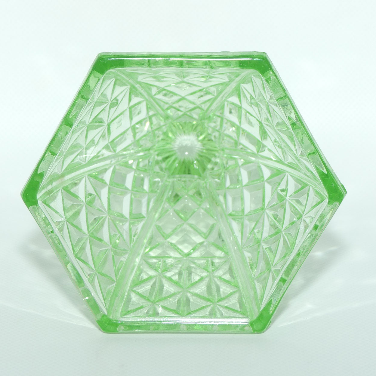 Green Depression Glass Hexagonal shape Diamond pattern vase | 14cm tall
