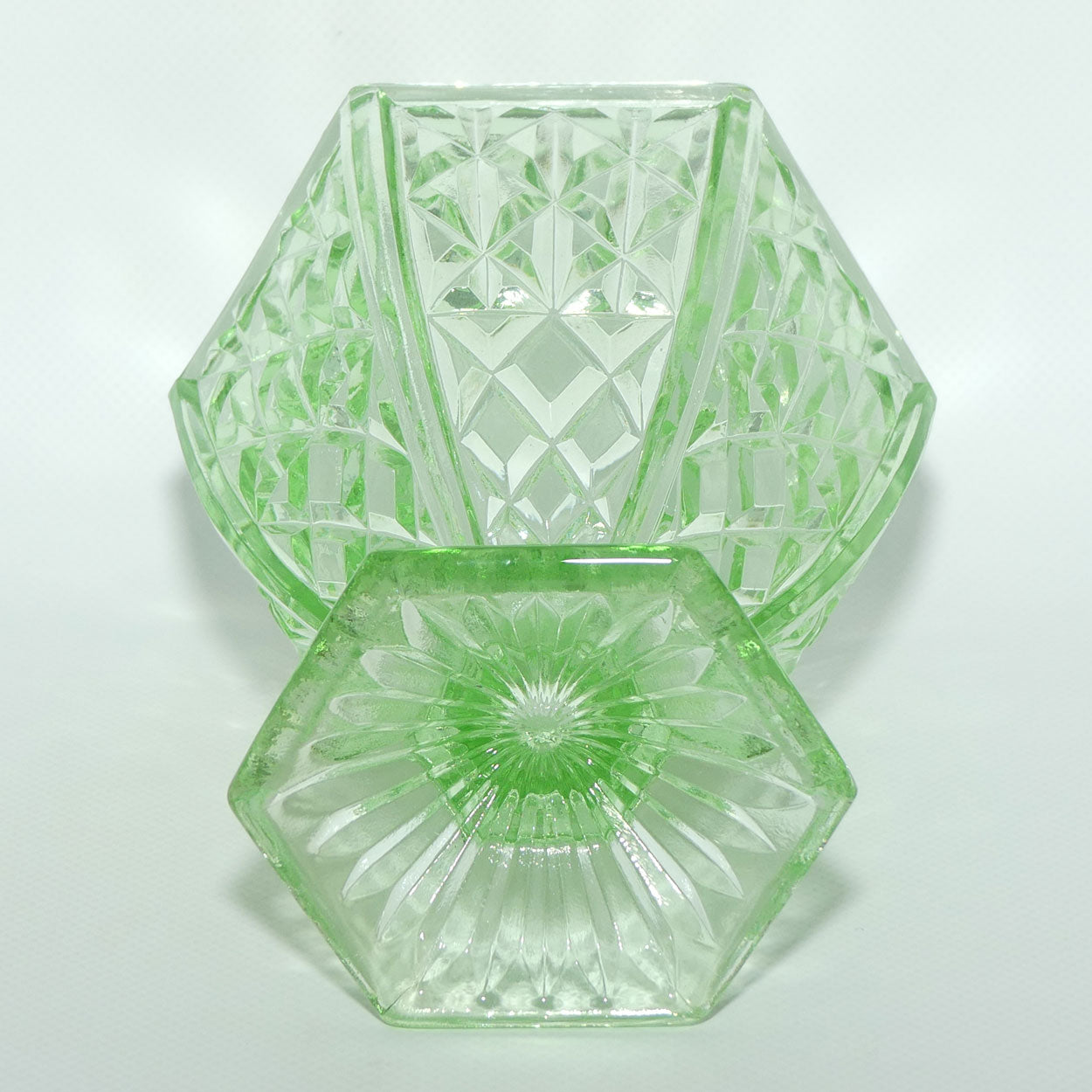 Green Depression Glass Hexagonal shape Diamond pattern vase | 14cm tall