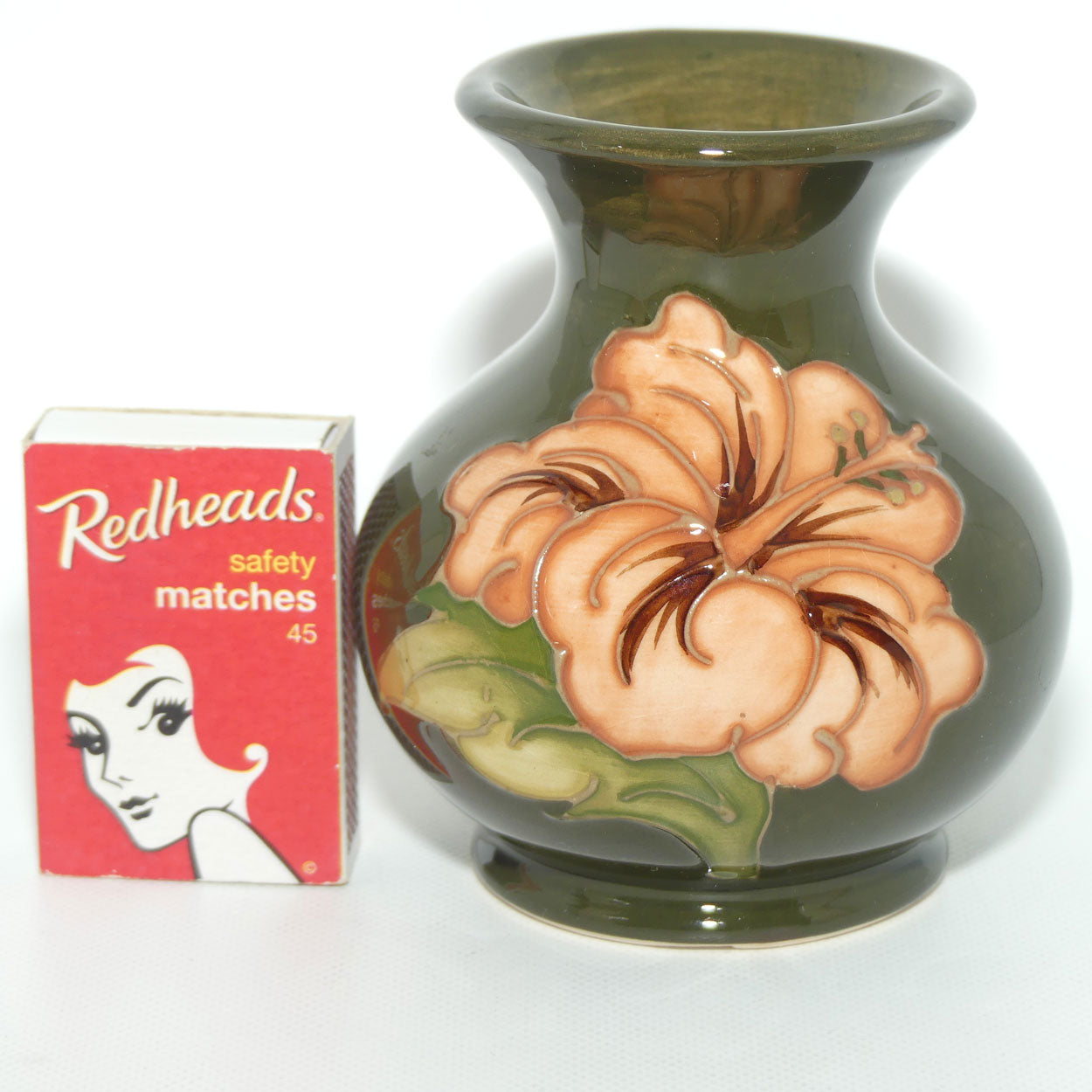 Walter Moorcroft Coral Hibiscus (Green) small vase | Ovoid Body | Wide Rim