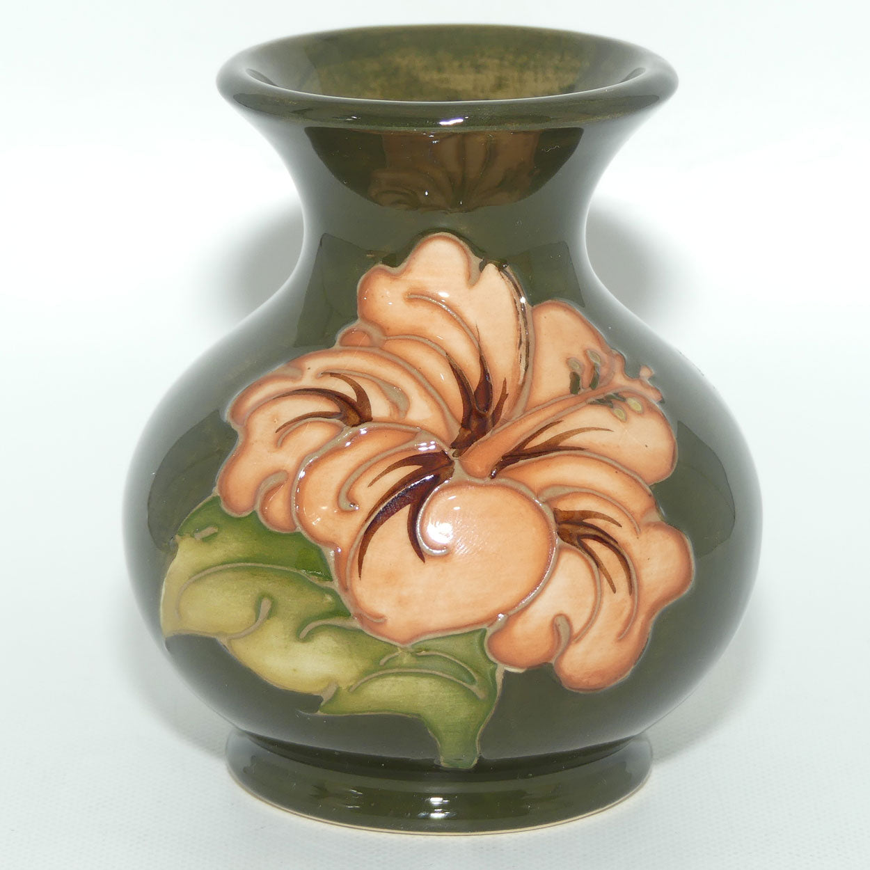 Walter Moorcroft Coral Hibiscus (Green) small vase | Ovoid Body | Wide Rim