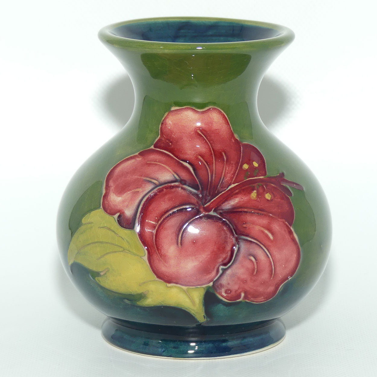 Walter Moorcroft Hibiscus (Green) small vase | Ovoid Body | Wide Rim