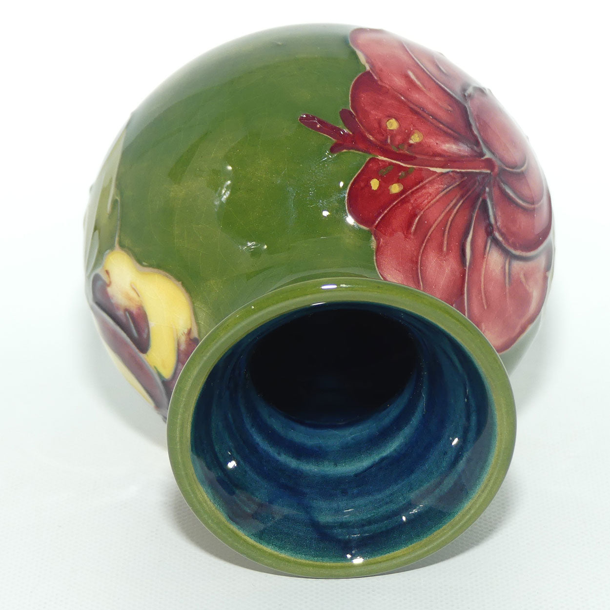 Walter Moorcroft Hibiscus (Green) small vase | Ovoid Body | Wide Rim