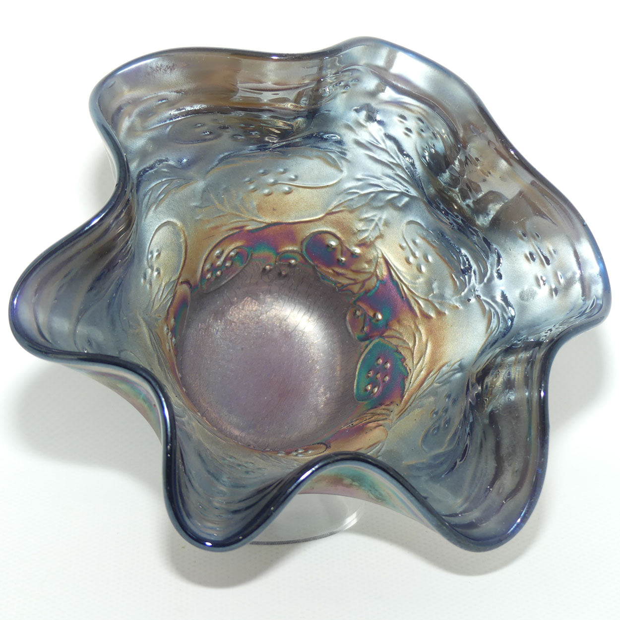 Fenton Carnival Glass bowl | Holly pattern | Grey Blue on Blue colour