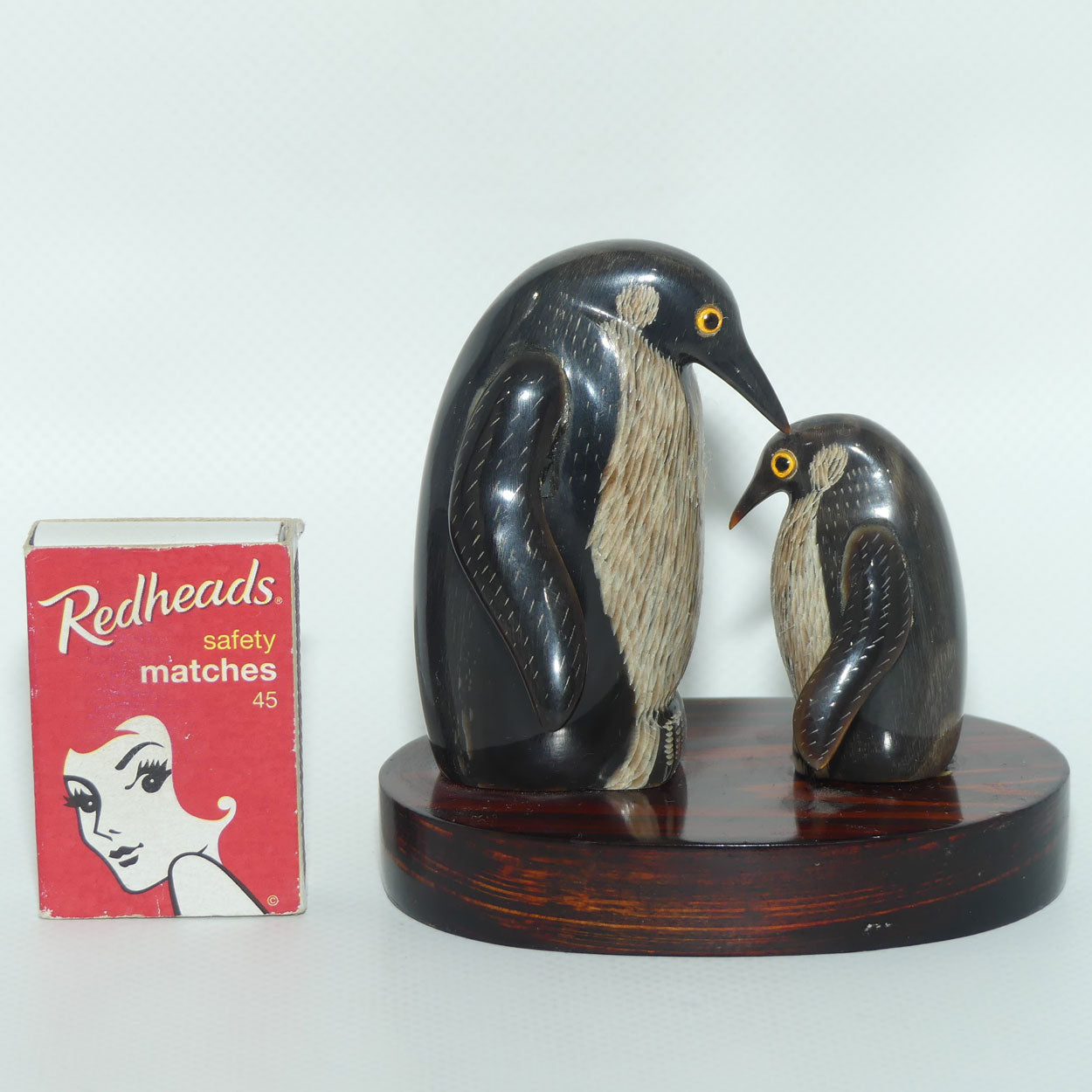 Vintage Mother and Chick Penguins on Wooden base | Both carved from Horn