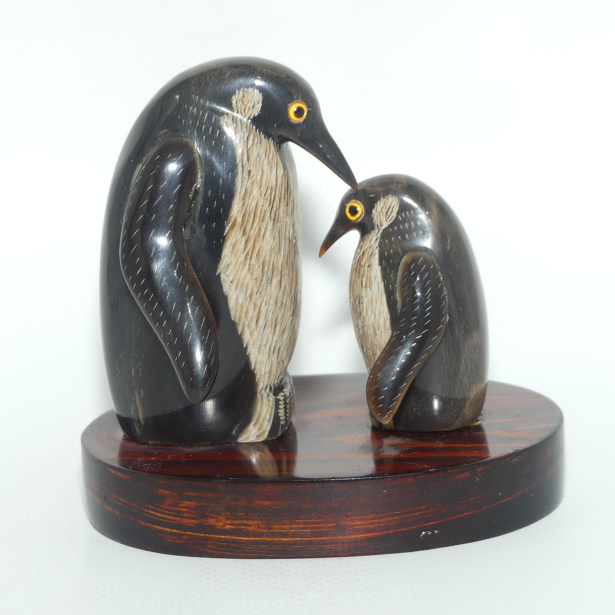 Vintage Mother and Chick Penguins on Wooden base | Both carved from Horn