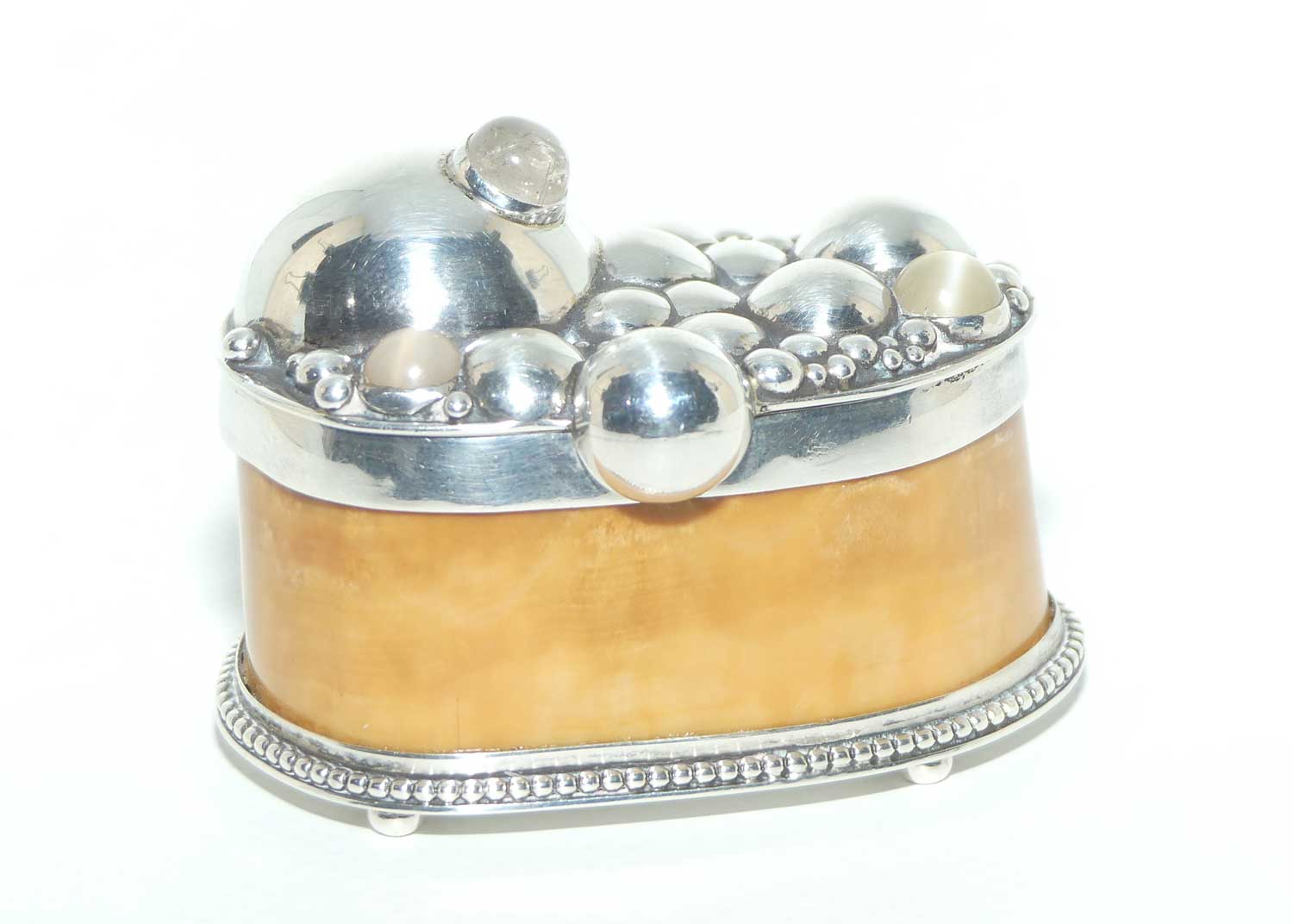 Sterling Silver and Horn trinket box or snuff box | Set with Cabochon Crystals