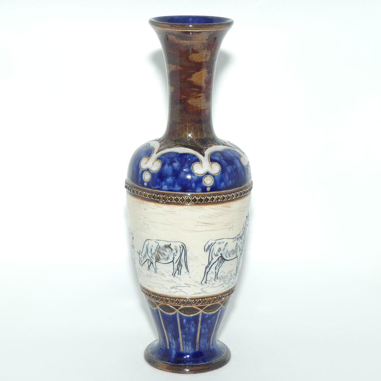 Doulton Lambeth Hannah Barlow tall vase with Horses and Cattle