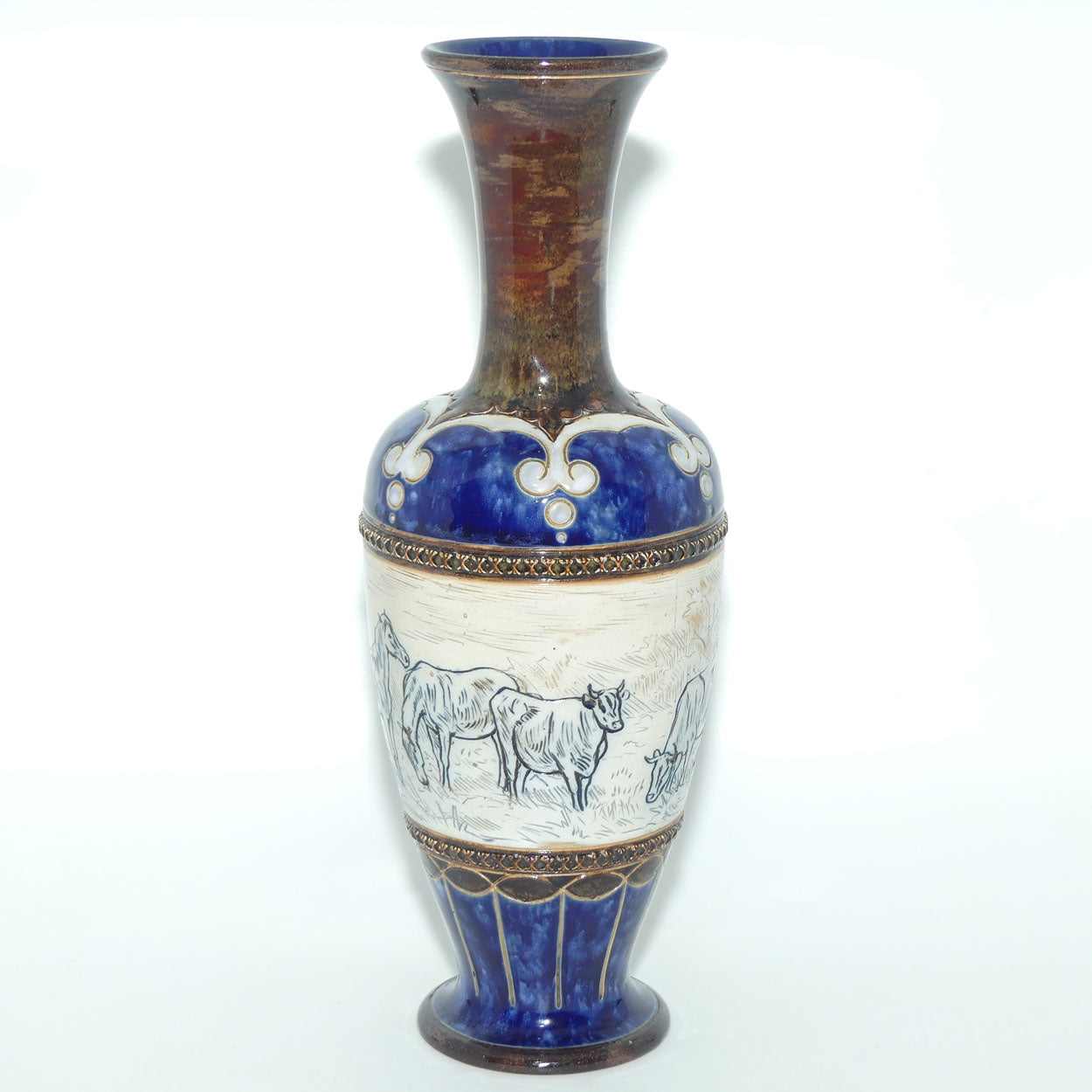 Doulton Lambeth Hannah Barlow tall vase with Horses and Cattle
