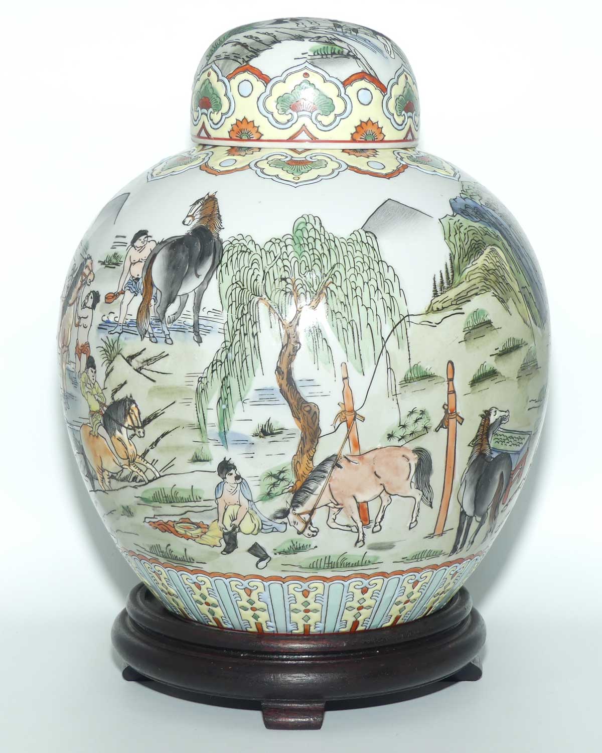 Mid Century Chinese Ginger Jar on stand | Decorated with many Horses