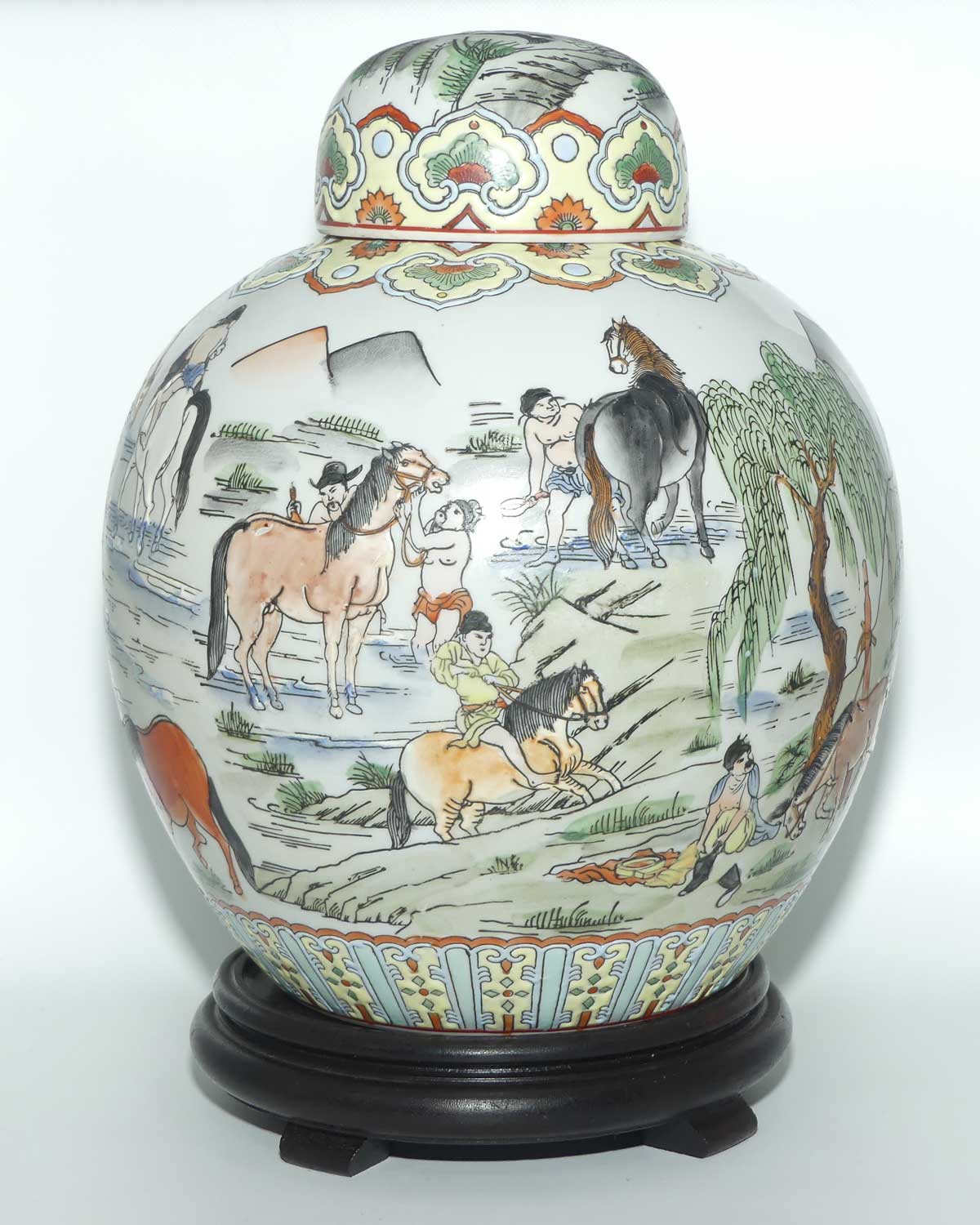 Mid Century Chinese Ginger Jar on stand | Decorated with many Horses
