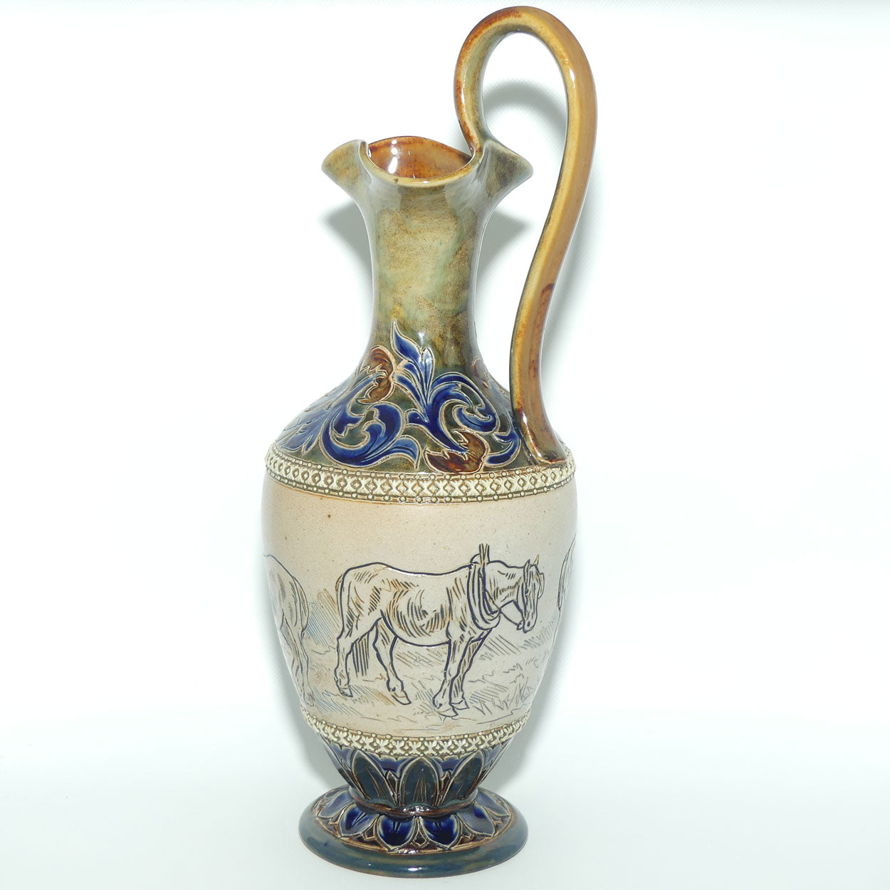 Doulton Lambeth Hannah Barlow stoneware Heavy Horses ewer with applied diamond shape beading and high loop handle