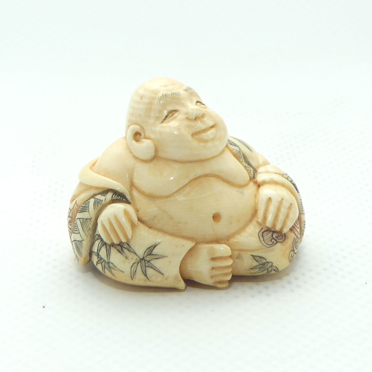 Japanese Carved Ivory Netsuke | Seated Happy Buddha | Hotei | signed